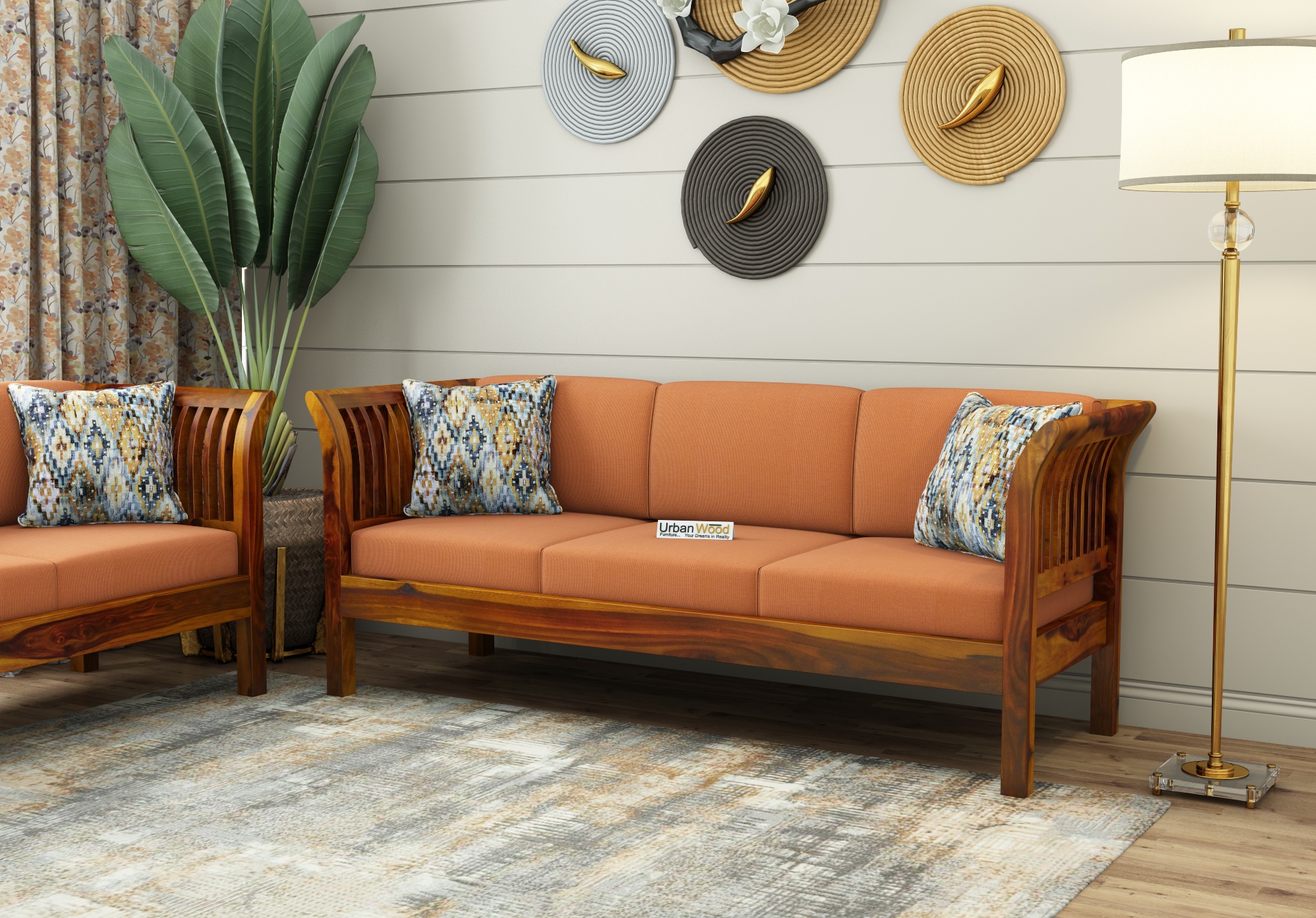 Crispin 3+1+1 Seater Wooden Sofa Set ( Honey Finish )