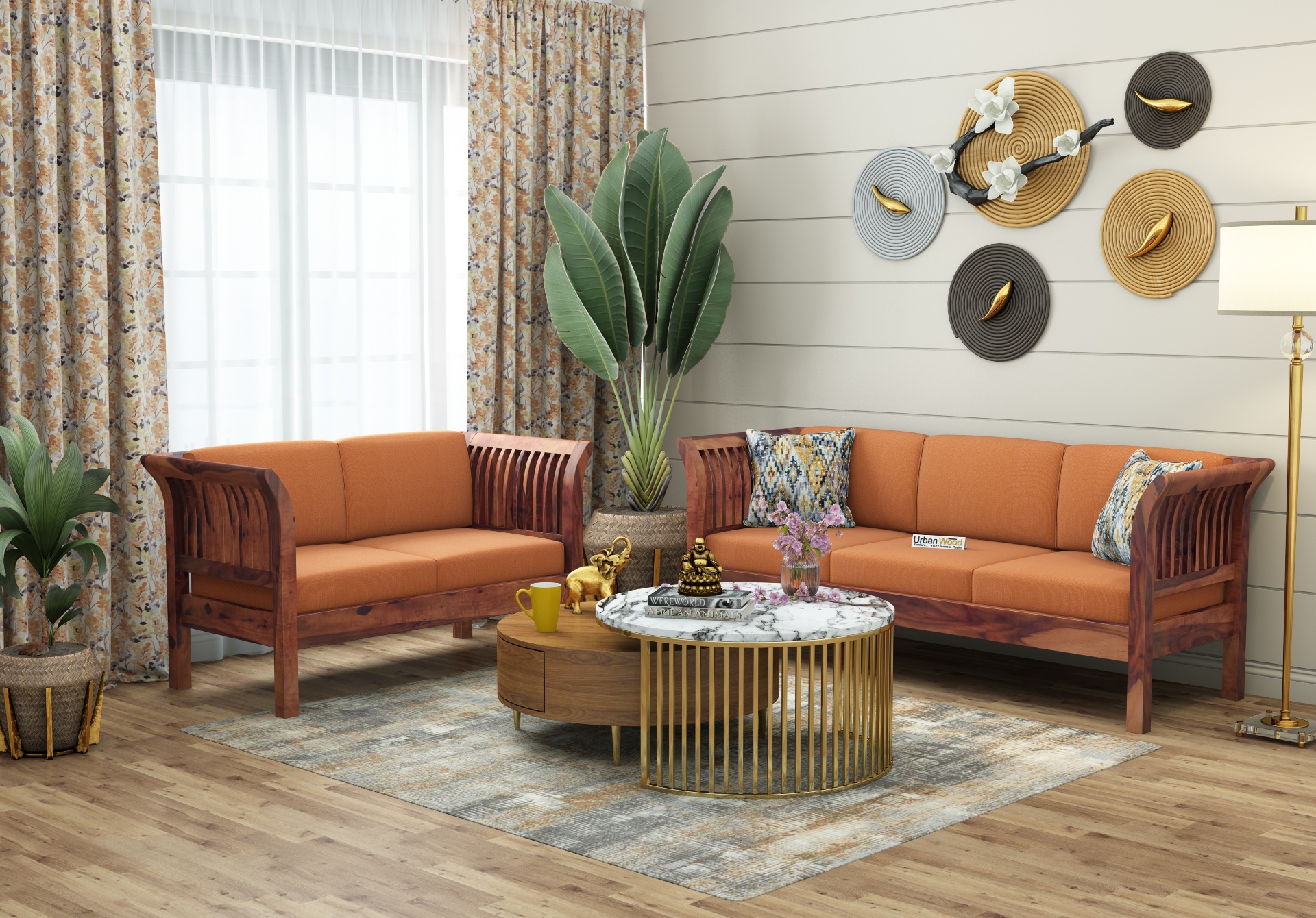 Crispin 3+2 Seater Wooden Sofa Set ( Teak Finish )