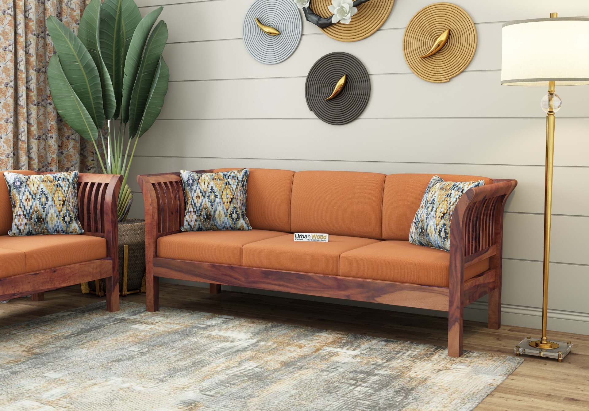 Crispin 3+2 Seater Wooden Sofa Set ( Teak Finish )