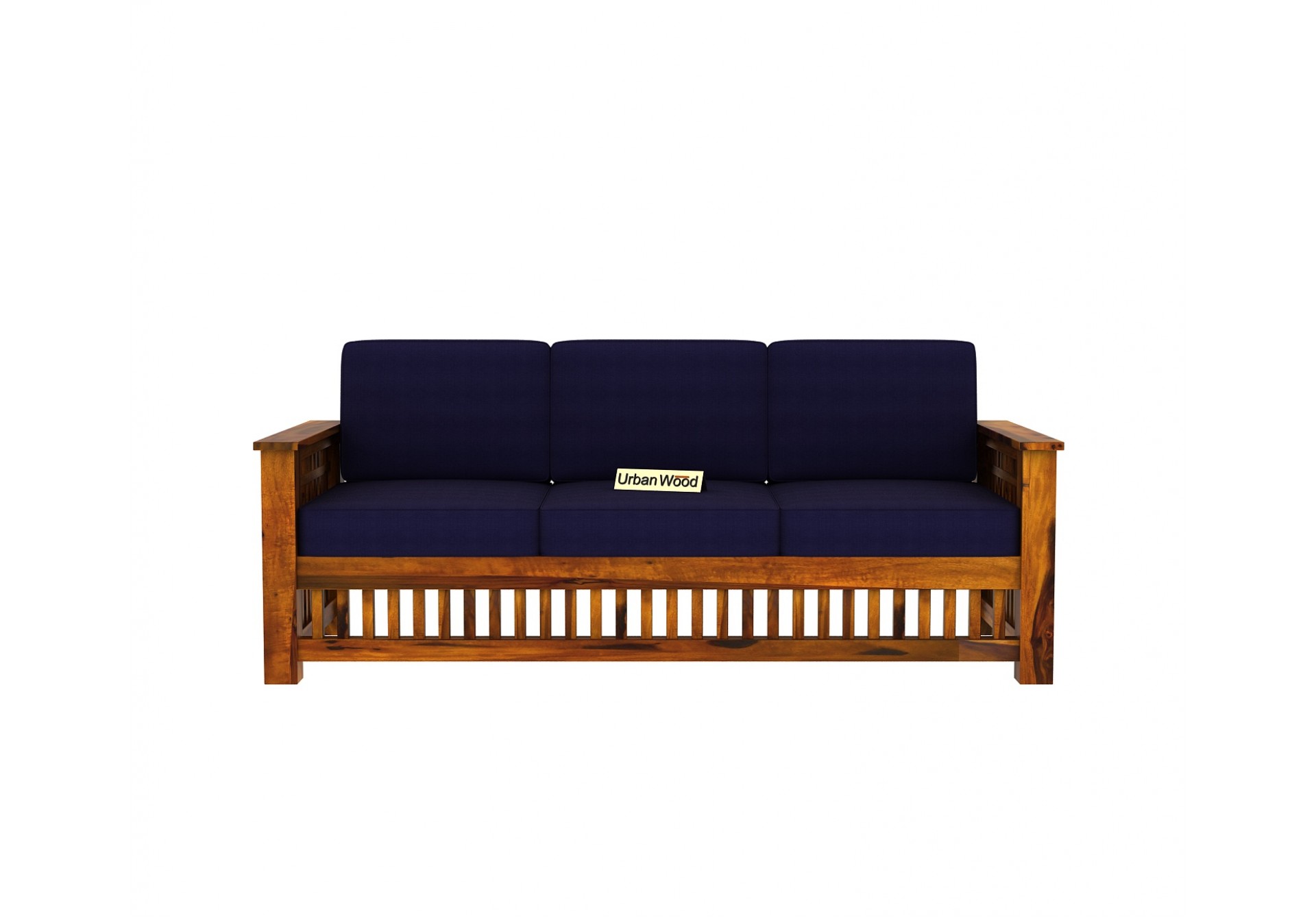 HomeBregg Wooden Sofa Set 3+1+1 Seater ( Honey Finish, Navy Blue )