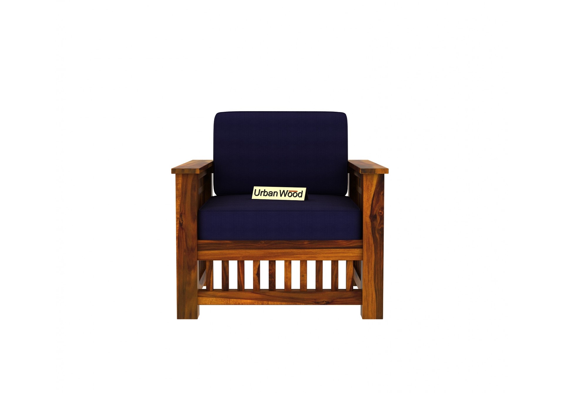HomeBregg Wooden Sofa Set 3+1+1 Seater ( Honey Finish, Navy Blue )