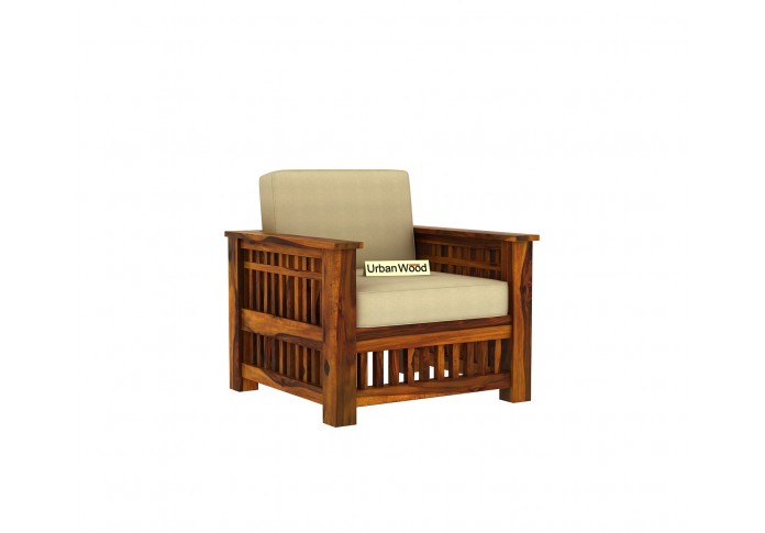 HomeBregg Wooden Sofa Set 3+1+1 Seater ( Honey Finish, Sepia cream )