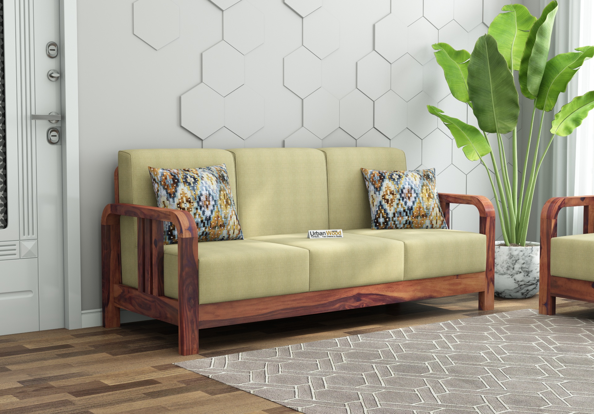 HomeBregg Wooden Sofa Set 3+1+1 Seater ( Teak Finish, Sepia cream)
