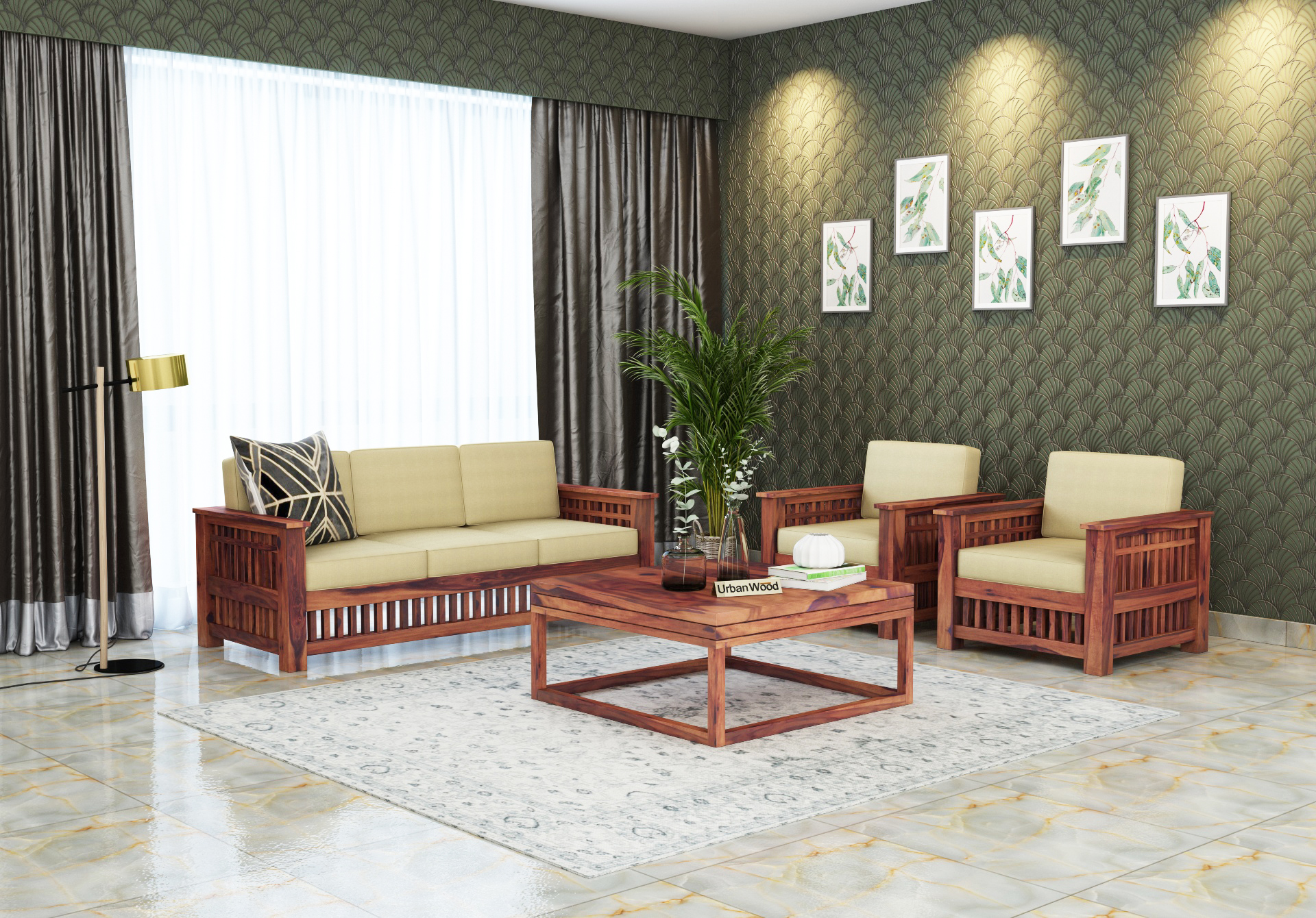 HomeBregg Wooden Sofa Set 3+1+1 Seater <small>( Teak Finish, Sepia cream )</small>