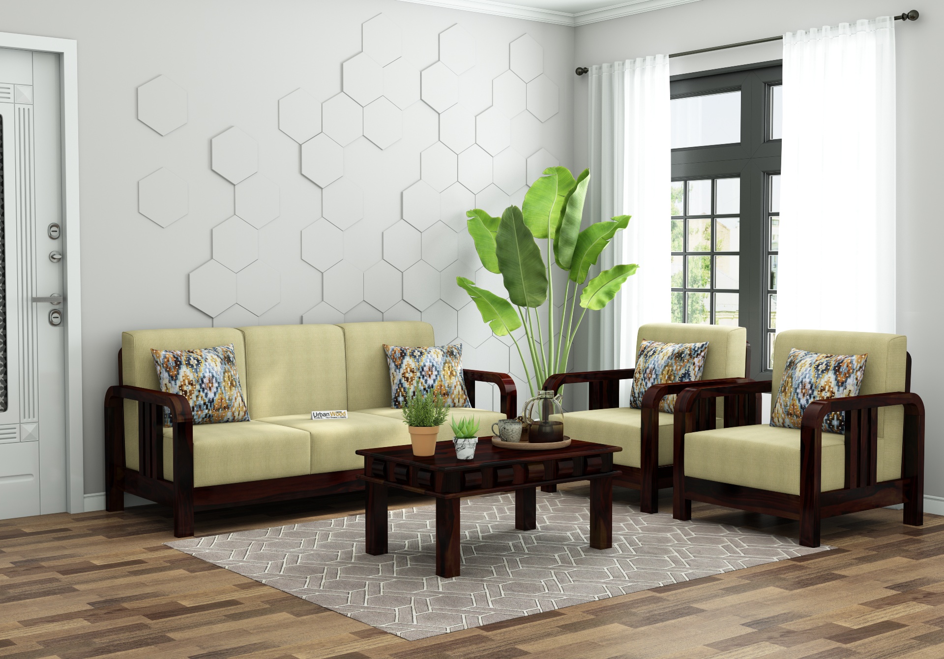 HomeBregg Wooden Sofa Set 3+1+1 Seater ( Walnut Finish, Sepia cream)