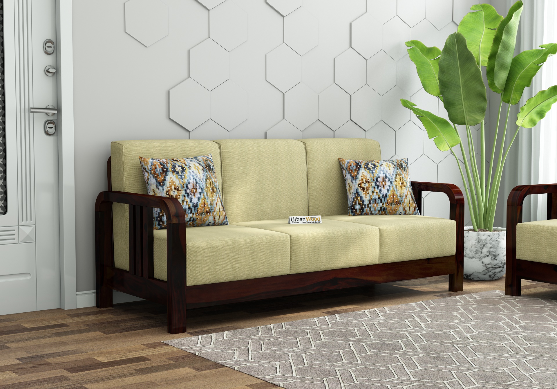 HomeBregg Wooden Sofa Set 3+1+1 Seater ( Walnut Finish, Sepia cream)